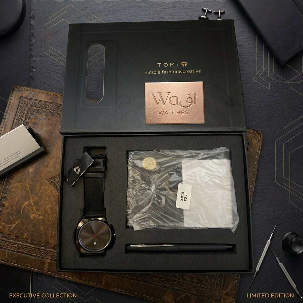TOMI Luxury Men’s Gift Set – Elegant Analog Watch, Leather Wallet & Stylus Pen Set (Black Edition)
