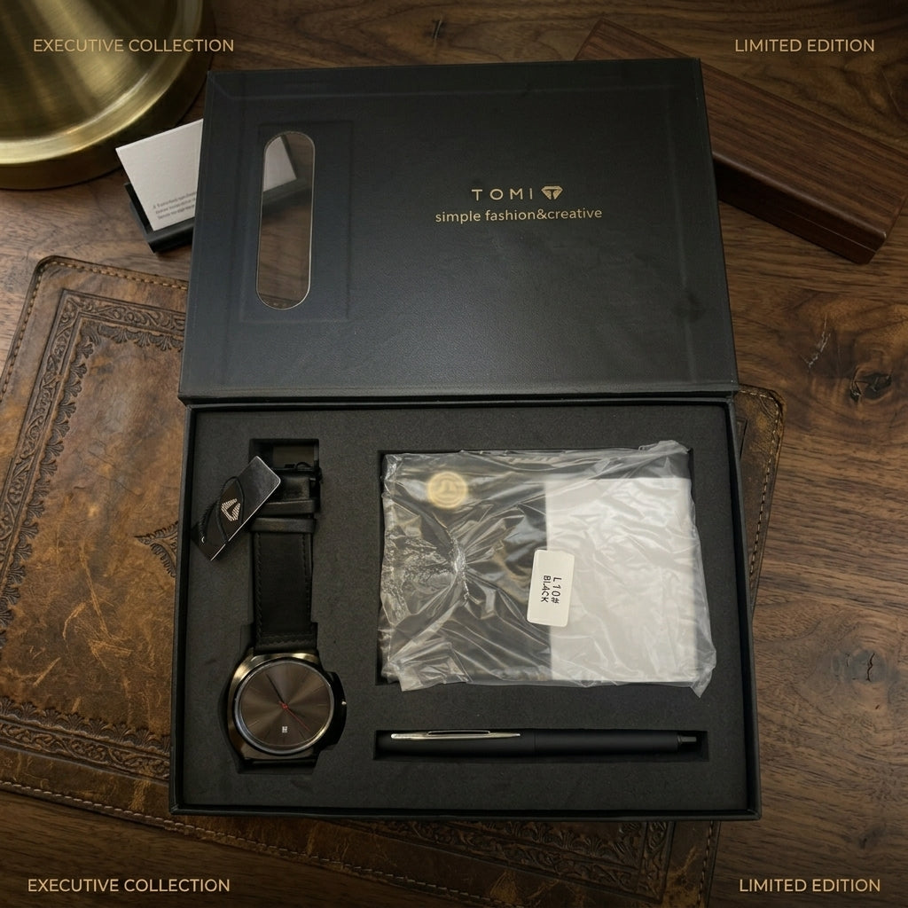 TOMI Luxury Men’s Gift Set – Elegant Analog Watch, Leather Wallet & Stylus Pen Set (Black Edition)