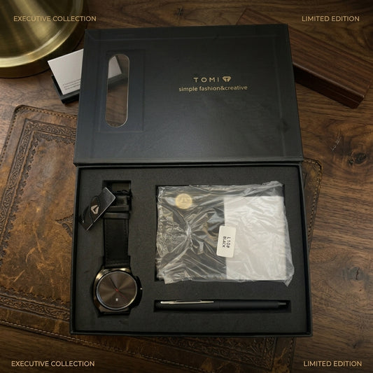TOMI Luxury Men’s Gift Set – Elegant Analog Watch, Leather Wallet & Stylus Pen Set (Black Edition)